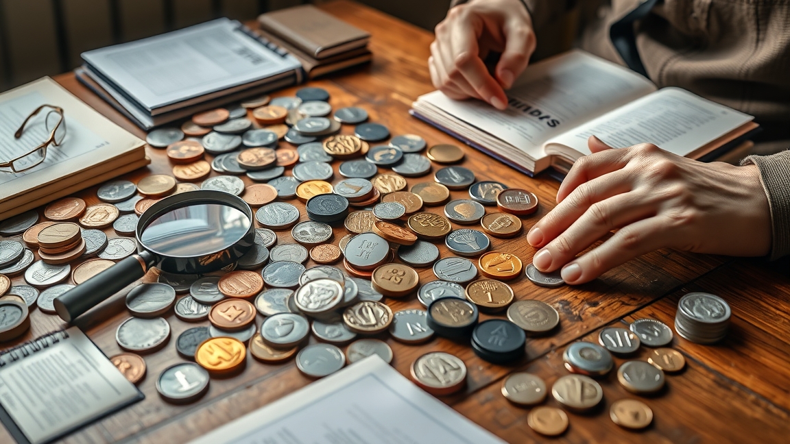 Érmegyűjtemény asztalon fényképezve, magnóval és könyvekkel.