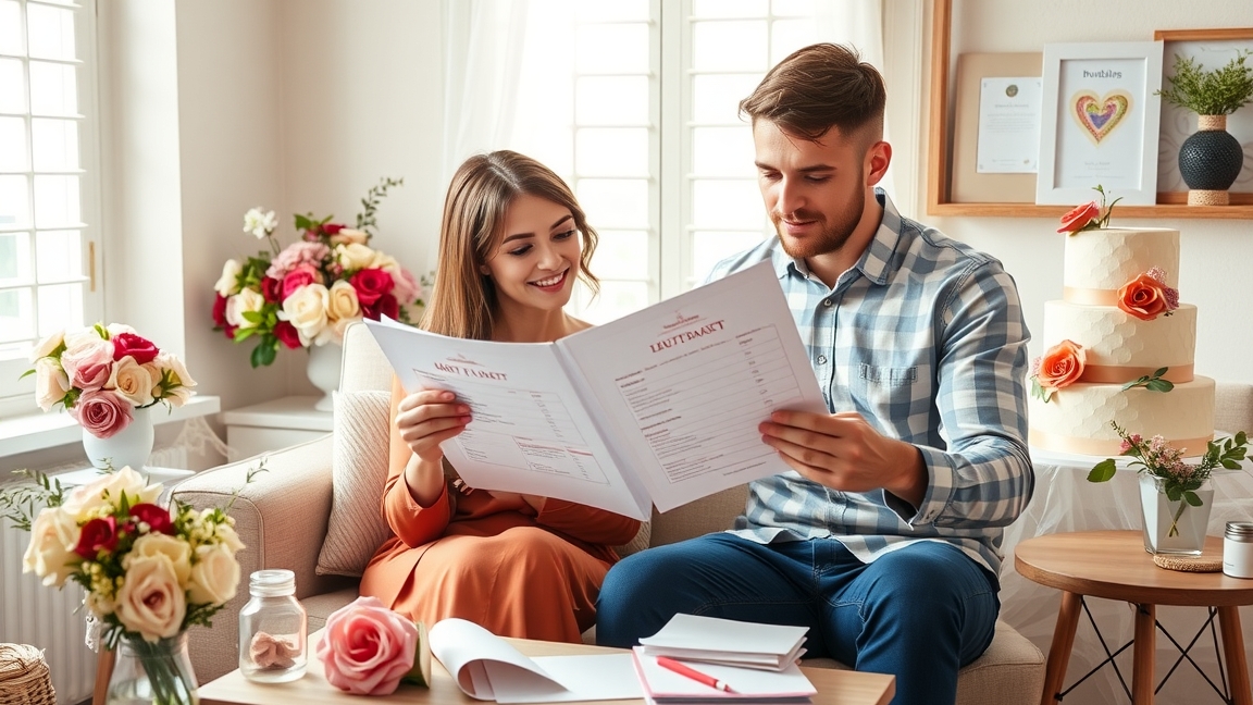 Fiatal pár esküvői költségeket tervez a nappaliban