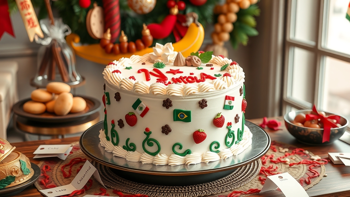 Szezonális ünnepi torta díszítve zászlókkal és eperrel