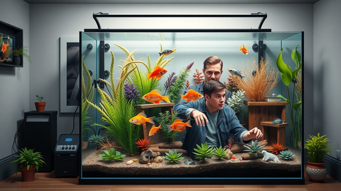 Fiatalok akváriumot állítanak össze otthon, aranyhalakkal és vízinövényekkel.