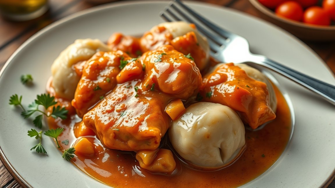 Csirkepaprikás galuskával tálalva, ízletes étel