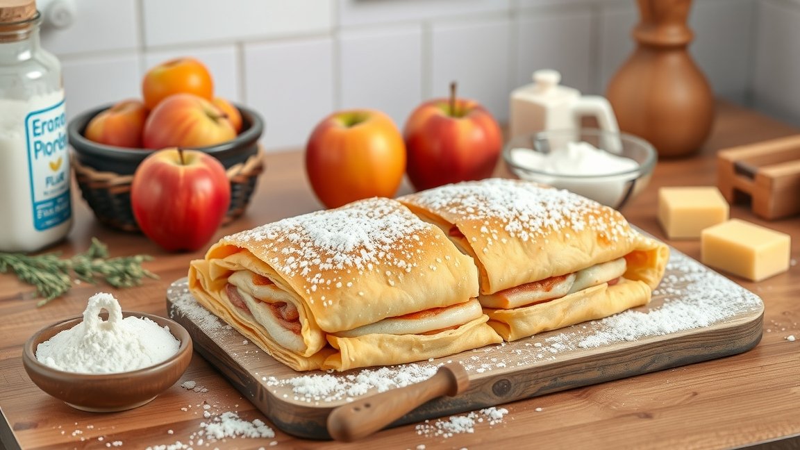 Friss, házi rétes almával és porcukorral tálalva.