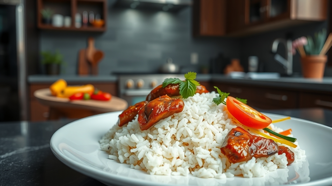 Egy finom adag rizses hús friss zöldségekkel tálalva.