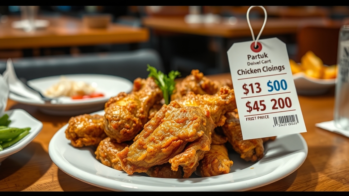 Sült csirkeszárnyak tálon, árakkal megjelölve