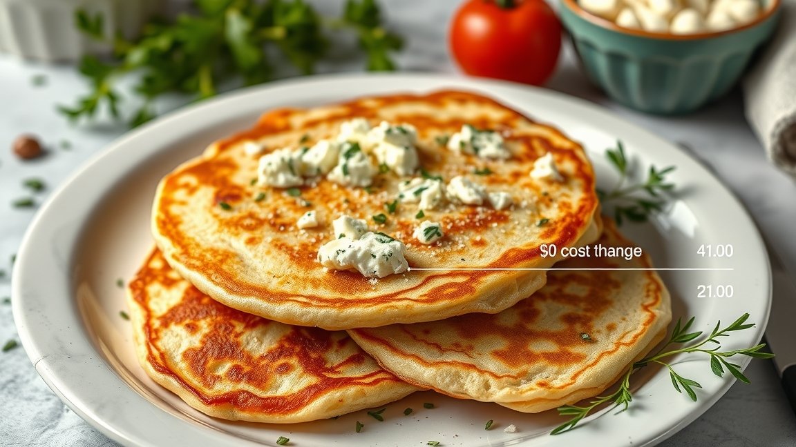 Házi túrós palacsinta friss fűszerekkel és paradicsommal a tányéron.