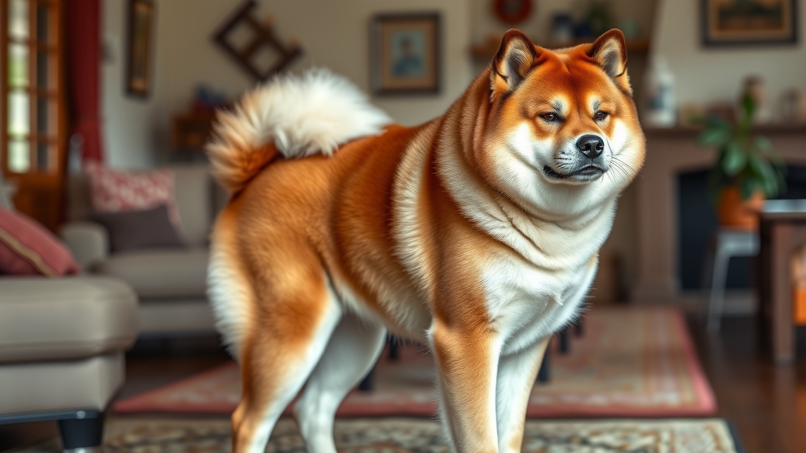 Egy akita kutya a nappaliban, felnőtt méretben.