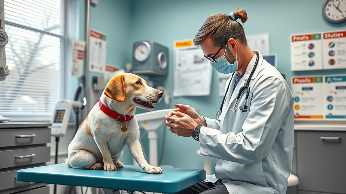 Állatorvos vizsgál egy kutyát egy rendelőben.