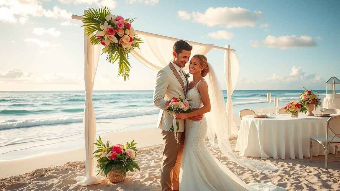 Fiatal pár esküvője tengerparton, virágdekorációval