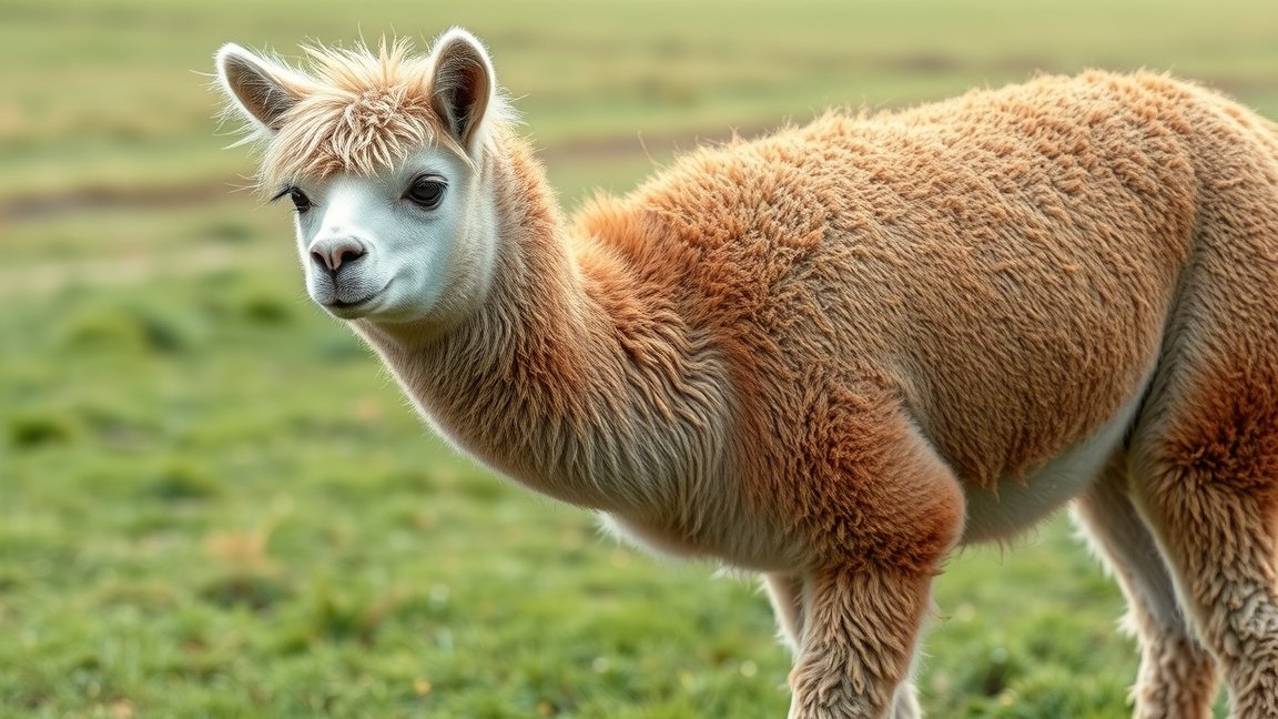 Alpaka fiatal állat a réten, barátságos arckifejezéssel