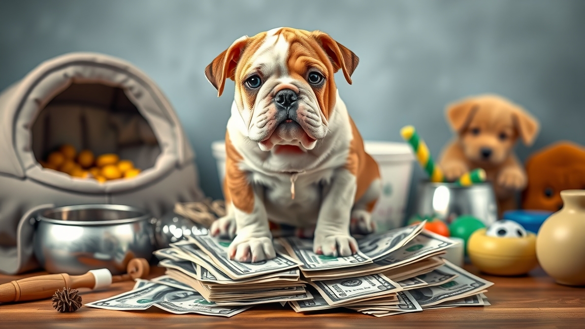 Angol bulldog pénzben állva játékokkal és etetőtálakkal körülvéve.