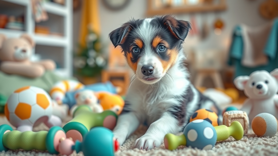 Kiskutya játékok között, border collie fajtájú