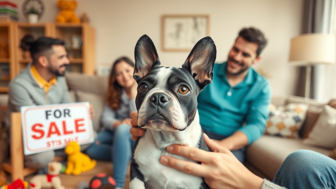 Boston terrier kutya eladásra, családi háttérrel.