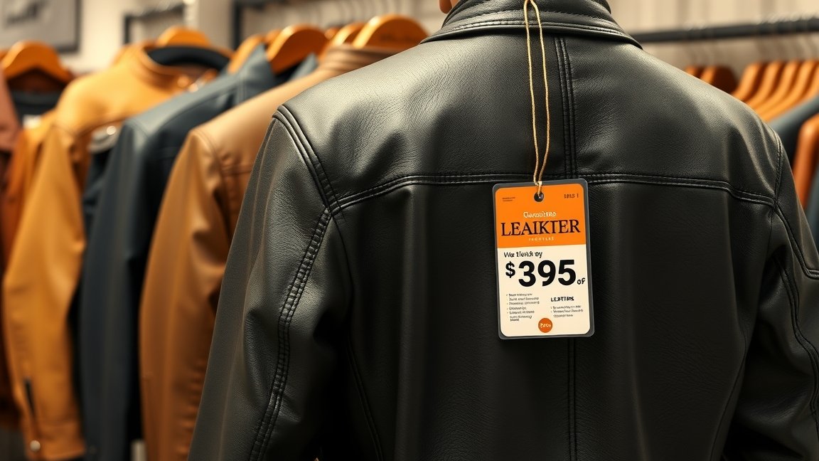 Fekete bőrdzseki árcímkével, háttérben más dzsekik