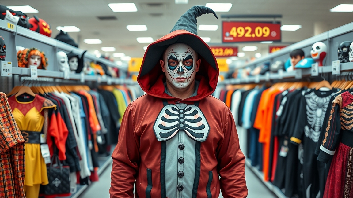 Felnőtt halloweeni jelmez, vázlatos arccal és csuklyával, boltban