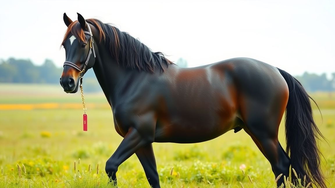 Fríz ló a mezőn, tenyésztés és vásárlás előtt áll