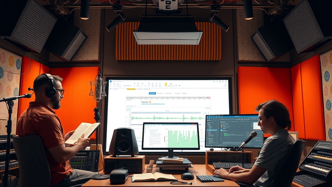 Hangoskönyv stúdió felvétel közben, narrátor és hangmérnök munka közben.