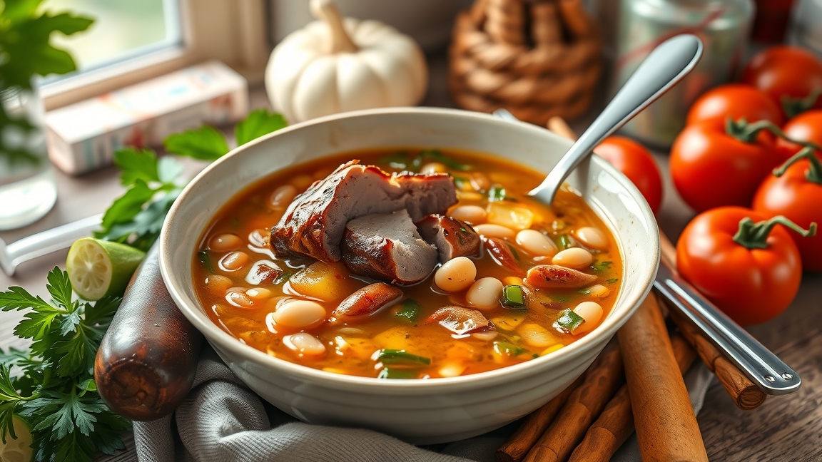 Ízletes csülkös bableves tálban friss zöldségekkel