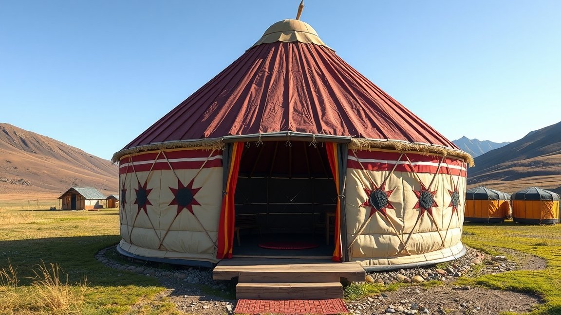 Hagyományos jurta a természetben, háttérben hegyekkel.