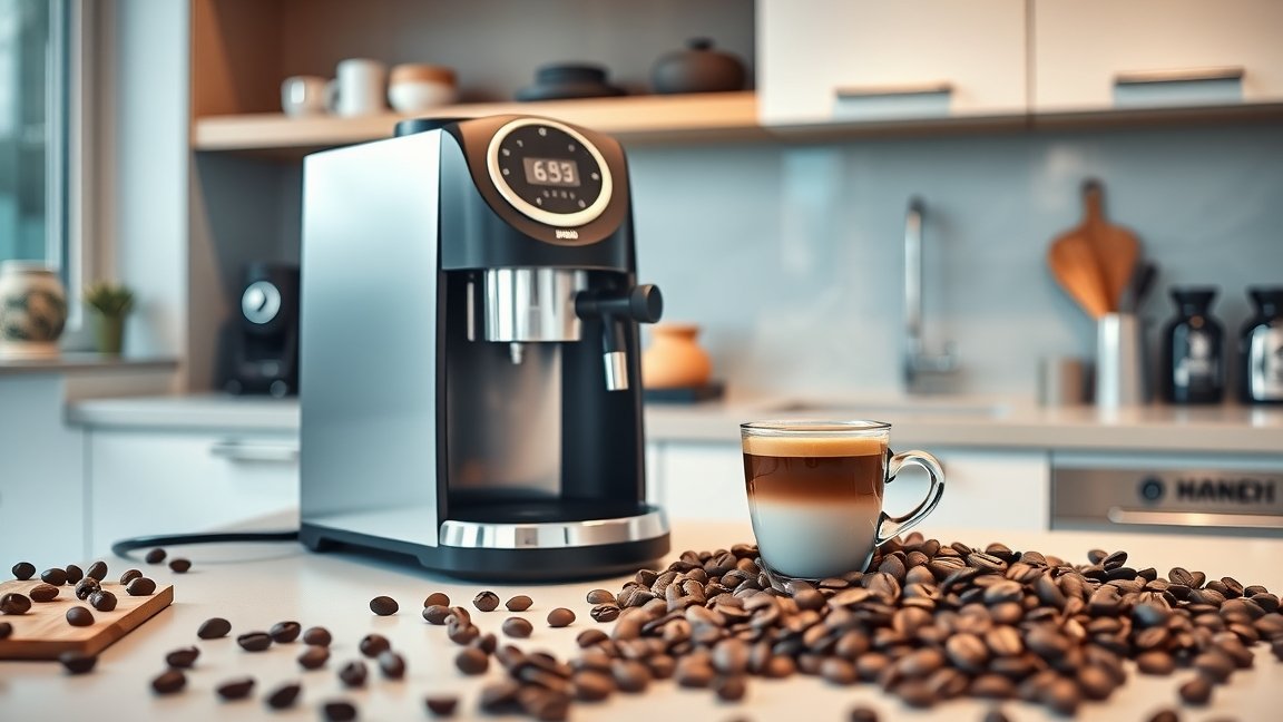 Kávégép és friss kávé a konyhapulton