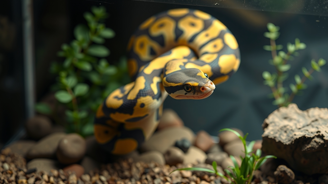 Királypiton egy terráriumban, zöld növények között.