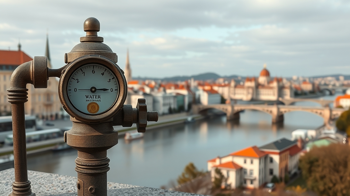 Vízmérő egy folyóparti városi tájban Magyarországon.