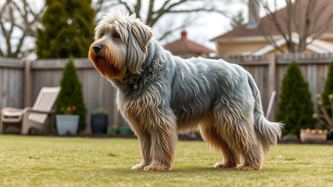 Komondor kutya a kertben, hosszú szőrrel és barátságos megjelenéssel.