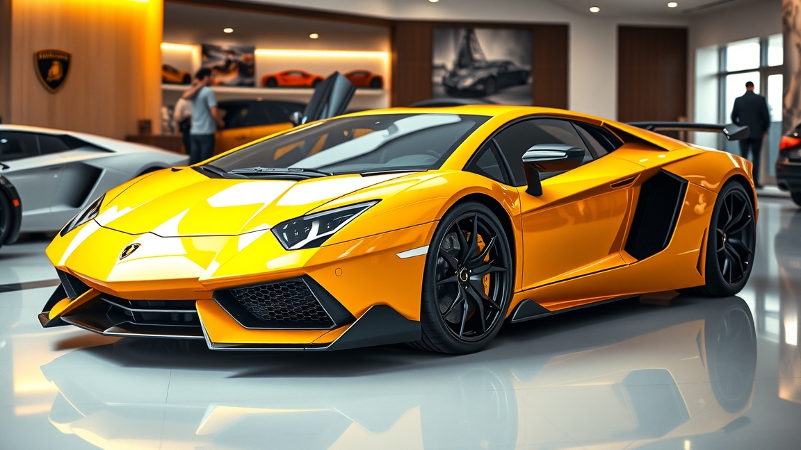 Sárga Lamborghini Aventador a kiállítóteremben, sportautó