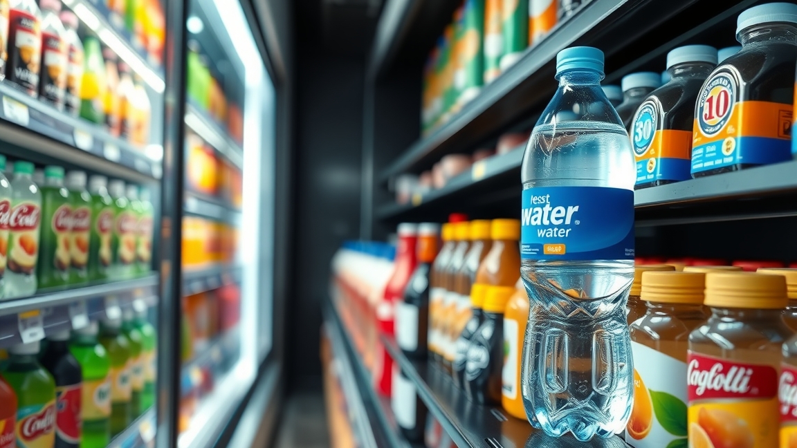 Egy liter palackozott víz a hűtőpultban különféle italok mellett.