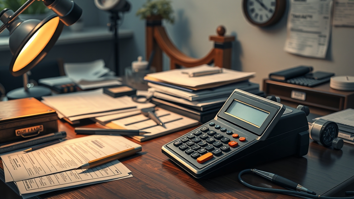 Íróasztal magánnyomozói eszközökkel és számológéppel.