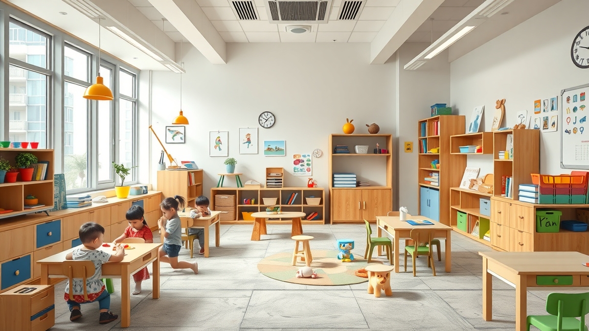 Gyerekek egy világos, modern magánóvodai osztályteremben játszanak.