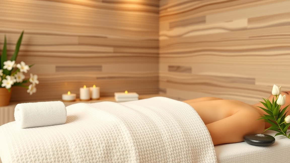 Masszázs asztal gyertyákkal és virágokkal