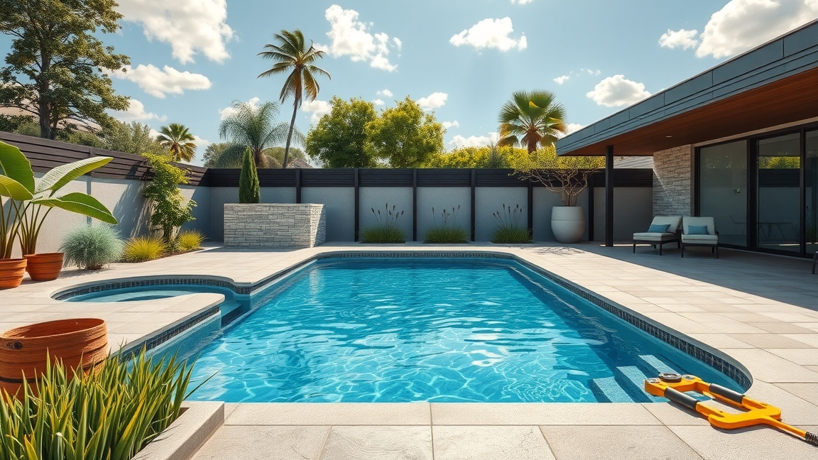 Modern medence gyönyörű kertben napfényben