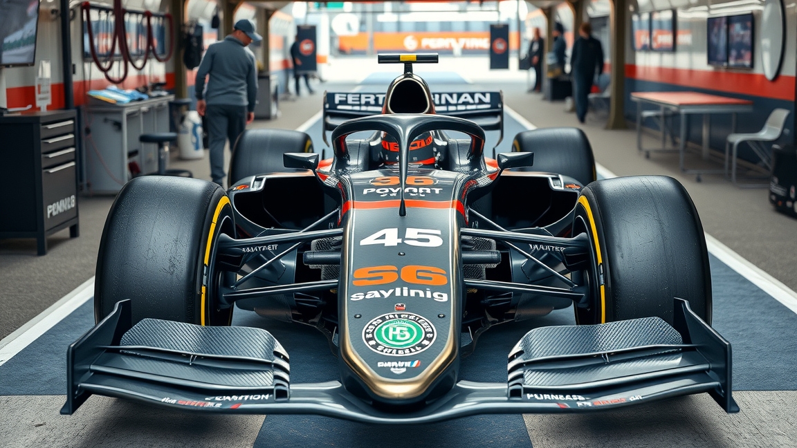 Modern Forma-1-es autó a versenypályán, részletes technológiai elemekkel