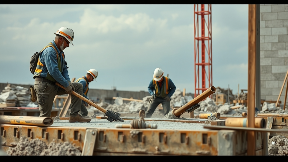 Építőmunkások betonozás közben egy építkezésen