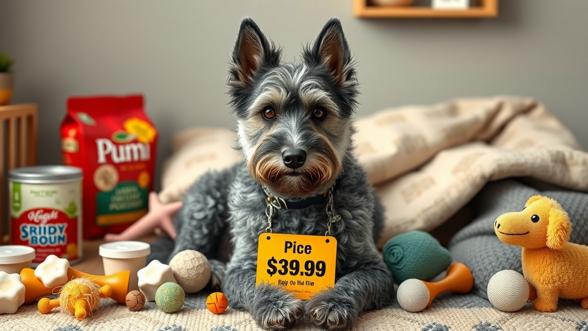 Egy pumi, árjelzővel, különböző kutyaeledel és játékok között.