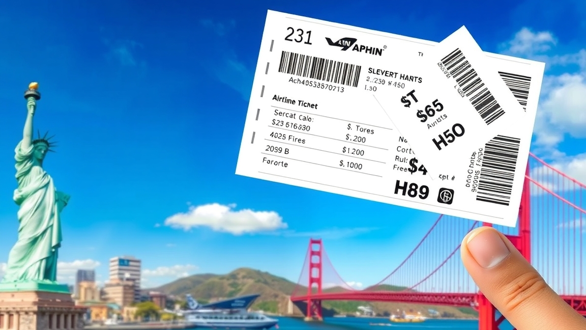 Repülőjegyek Amerika felé, Szabadság-szobor és híres hidak háttérben.