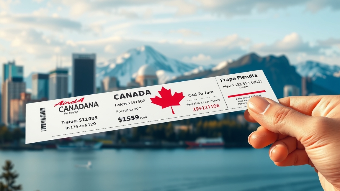 Repülőjegy Kanadába, háttérben a város látképe és hegyek.