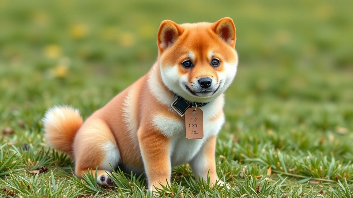 Aranyos Shiba Inu kölyök ül a zöld fűben.