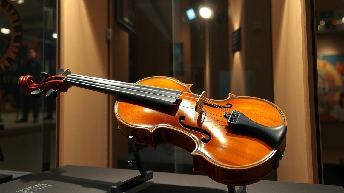 Stradivari hegedű kiállításon, éles fénynél