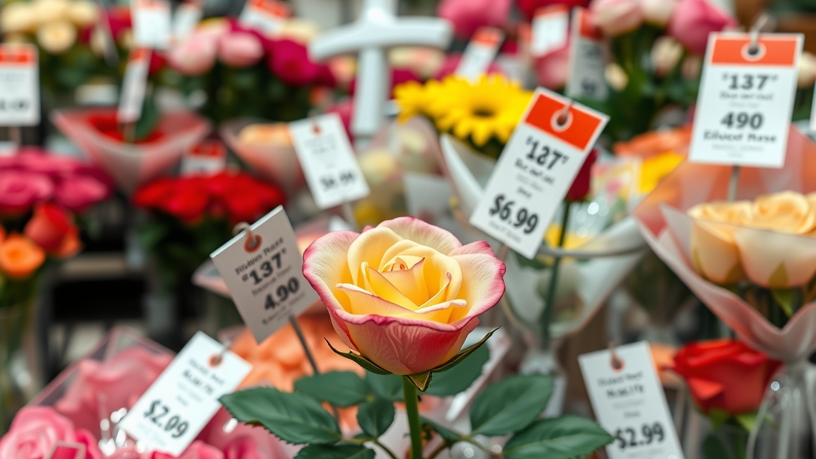 Színes rózsák és árjegyzék egy virágboltban