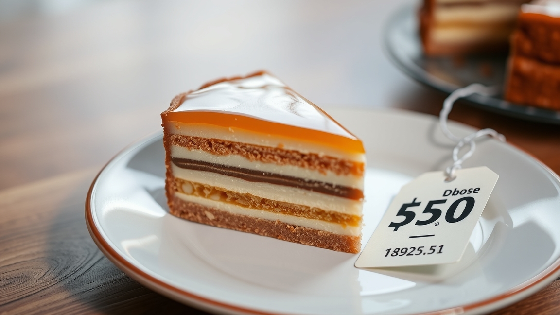 Dobostorta szelet tálalva, árjegyzékkel a tányéron.