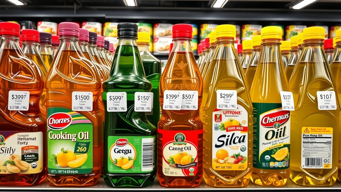 Különböző üveg olajok boltban, árakkal ellátva.