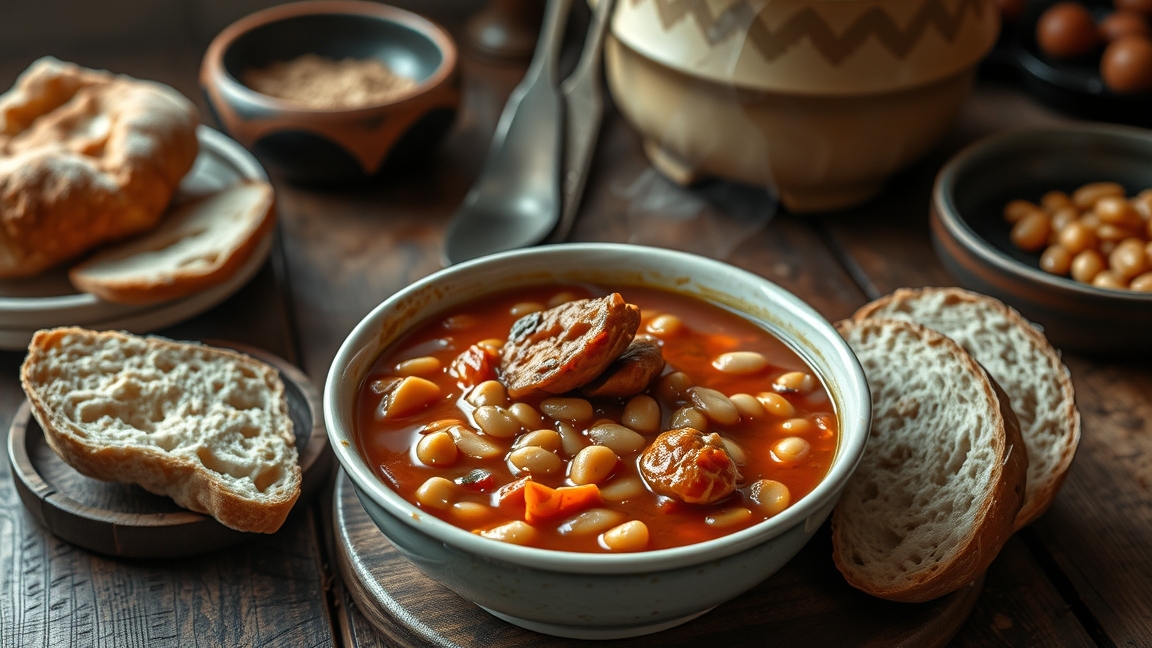 Finom babgulyás kenyérrel és friss alapanyagokkal