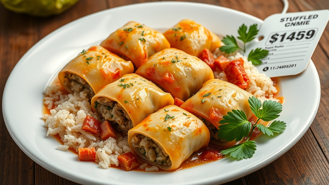 Töltött káposzta tál rizs mellett, étterem árszámmal