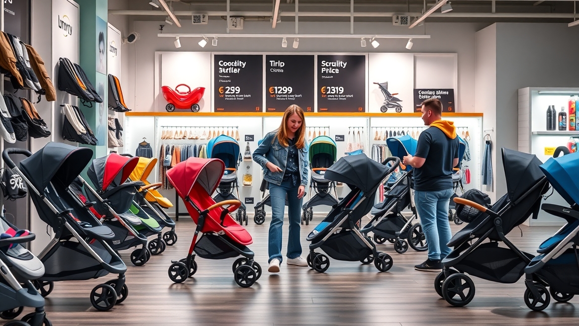 Különböző babakocsik kiállítva egy boltban