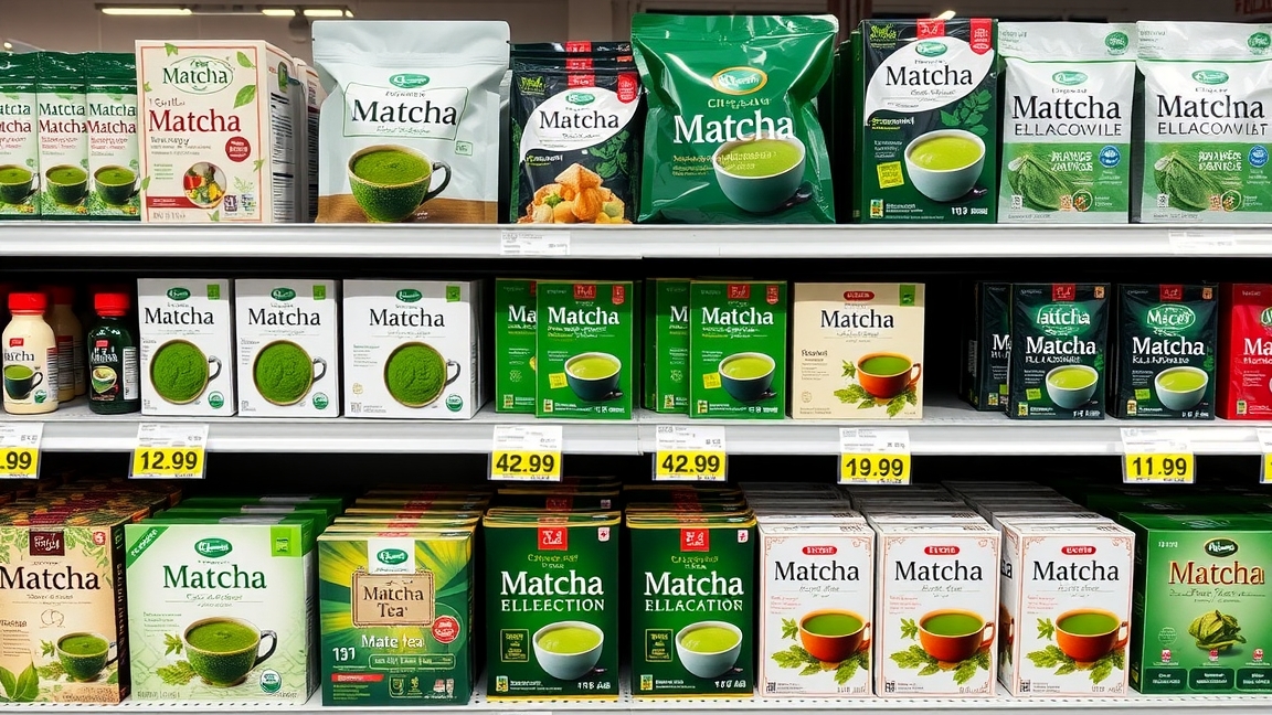 Különböző matcha tea termékek a bolt polcán.