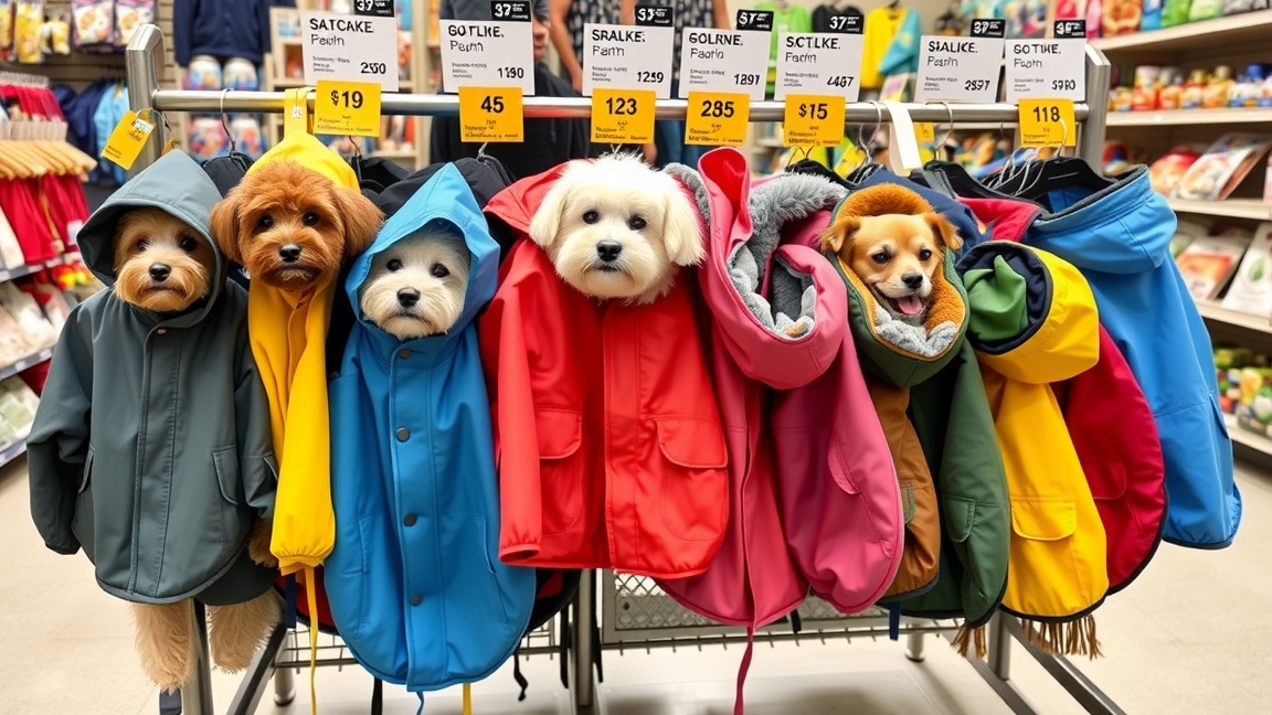 Kutyák különböző esőkabátokban egy boltban.
