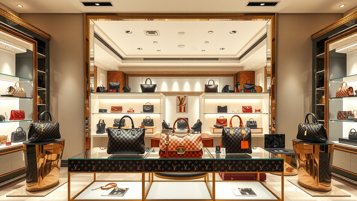 Luxus Louis Vuitton táskák a boltban, különböző modellek és stílusok.