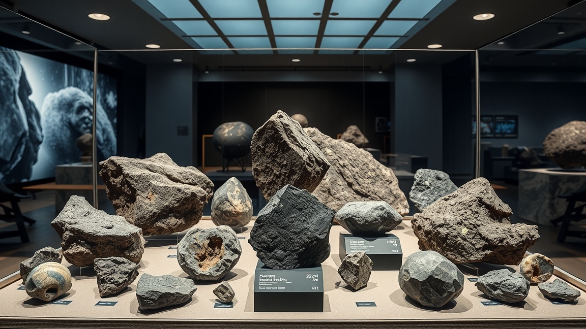 Meteoritok kiállítása, különböző típusú űrkincsek