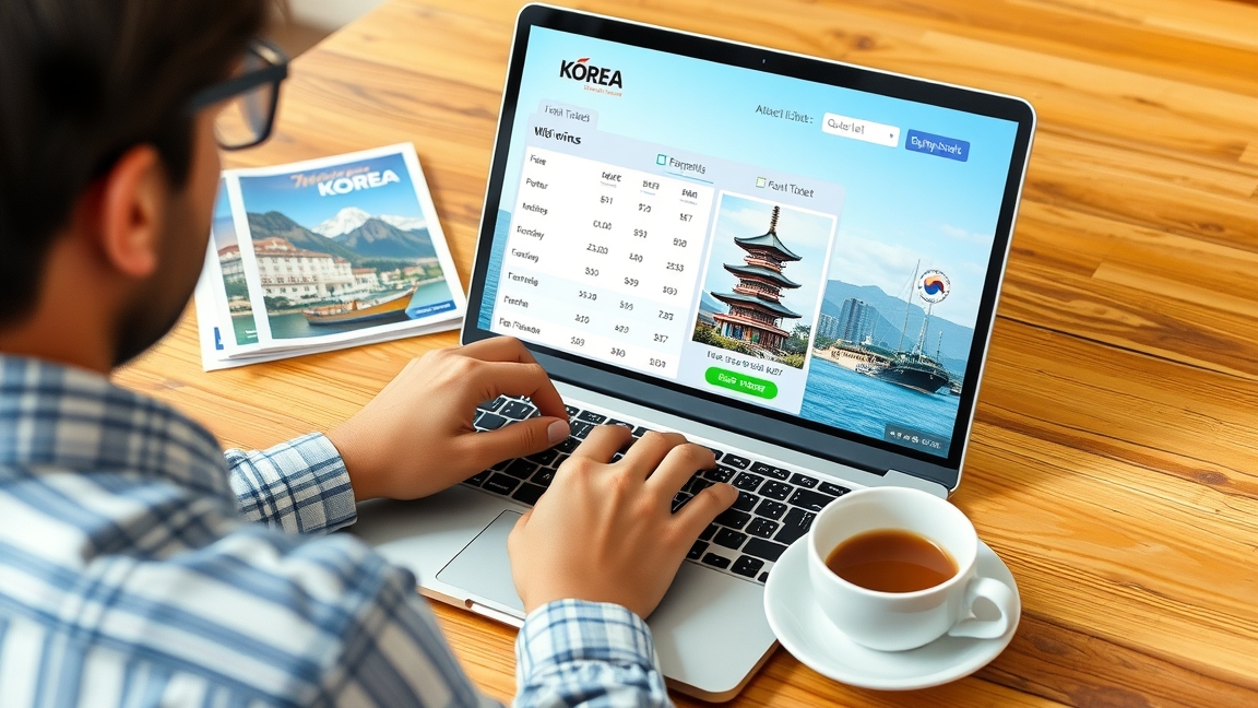 Repülőjegy keresése Koreába egy laptop segítségével.